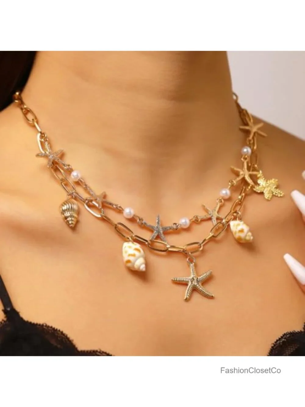 Layered Starfish Pendant Necklace Faux Pearls Beach Jewelry